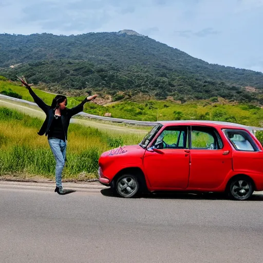 Prompt: un mono bailando salsa en la carretera pasando los coches alrededor