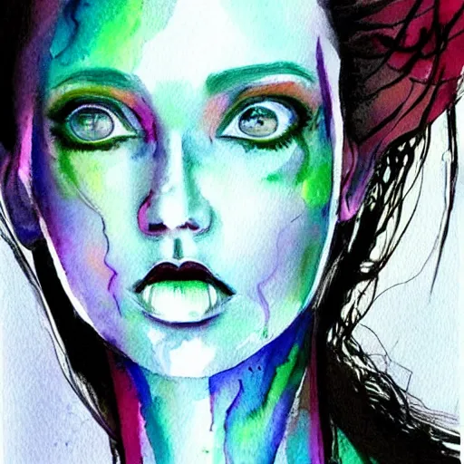 Image similar to woman portrait made out of watercolor paint, beautiful, cyborg, tim burton comic book art