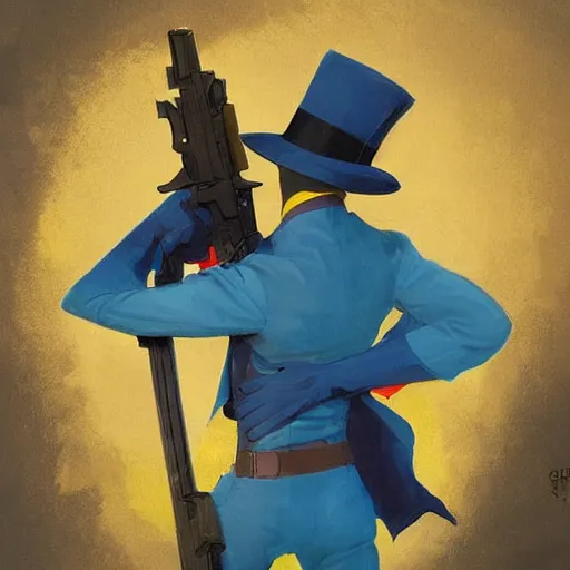 Prompt: superhero with tophat and a rifle in blue and yellow clothes, digital art, trending on artstation, by greg rutkowski