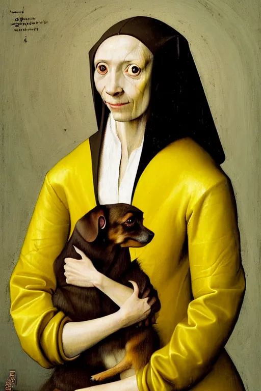 Image similar to hieronymus bosch, greg rutkowski, anna podedworna, painting of a brown haired dog eared girl with yellow blazer over a white dress who works at a bakery, close up portrait