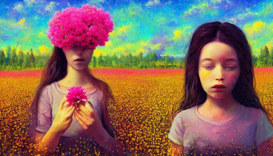 Prompt: girl with a giagantic flower as a face, surreal photography, dream, standing in flower field, hills, big trees, sunrise dramatic light, impressionist painting, colorful clouds, digital painting, pointillism, artstation, simon stalenhag, flower face