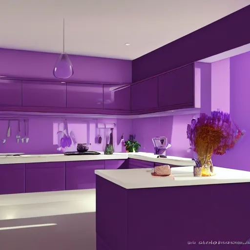 Image similar to Full modern kitchen, purple furniture, star wallpaper, digital Painting, ultradetailed, artstation, oil Painting, ultradetailed, artstation