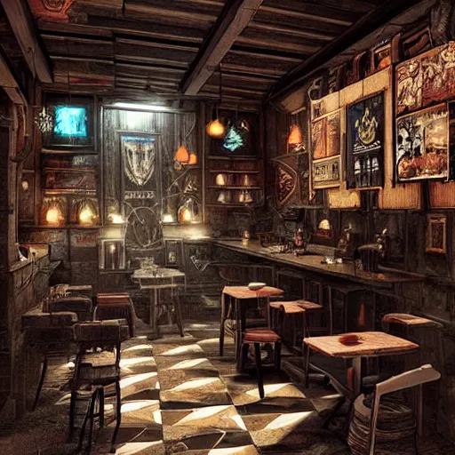 Image similar to Interior design Tavern in Mixed style of Medieval and in style of Cyberpunk, Many details