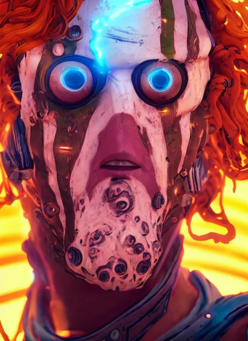 Image similar to glowwave portrait of curly orange hair man from borderlands 3, au naturel, hyper detailed, digital art, trending in artstation, cinematic lighting, studio quality, smooth render, unreal engine 5 rendered, octane rendered, art style by klimt and nixeu and ian sprigger and wlop and krenz cushart.