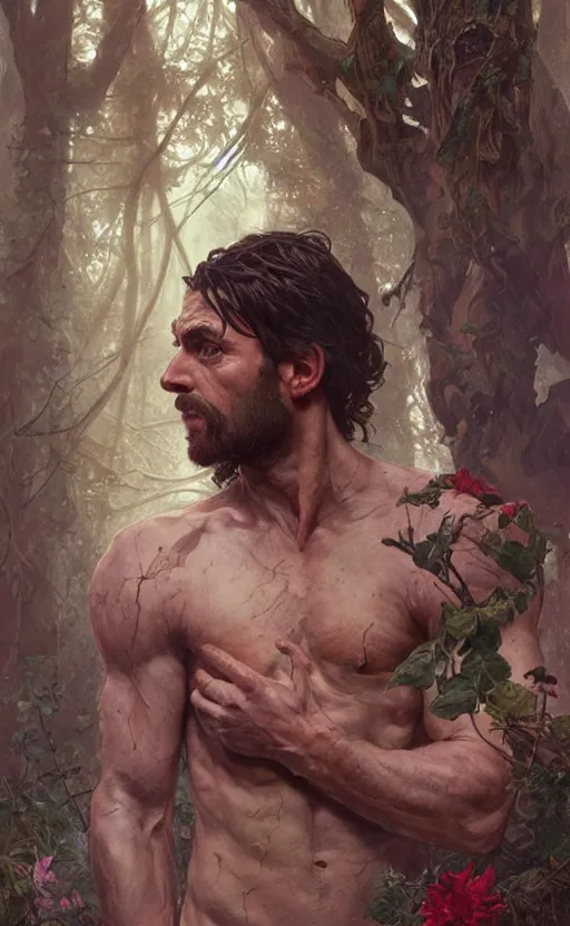 Prompt: god of the forest, 3 0 years old, rugged, handsome, male, detailed face, clean lines, atmospheric lighting, amazing, full body, flowers, muscular, intricate, highly detailed, digital painting, artstation, concept art, sharp focus, illustration, art by greg rutkowski and alphonse mucha