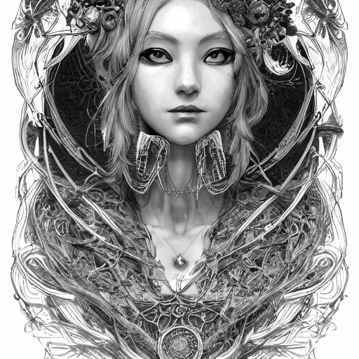 Image similar to the portrait of chaotic good female druid alchemist as absurdly beautiful, gorgeous, elegant, gravure idol, an ultrafine hyperdetailed illustration by kim jung gi, irakli nadar, intricate linework, sharp focus, bright colors, octopath traveler, final fantasy, unreal engine 5 highly rendered, global illumination, radiant light, detailed and intricate environment