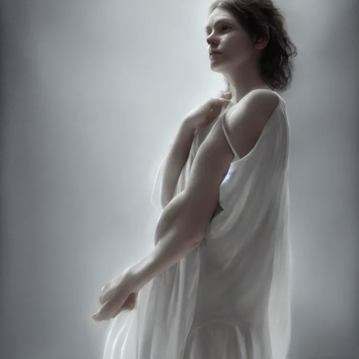 Image similar to a wonderful realistic portrait of a lonely woman who is dressed with a wonderful, majestic, large semi transparent white cotton dress, accent white lighting, dramatic light, octane render by roberto ferri, fantasy art, photo realistic, dynamic lighting, unreal engine rendered, artstation, poster, dramatic light, - 8 k, award winning