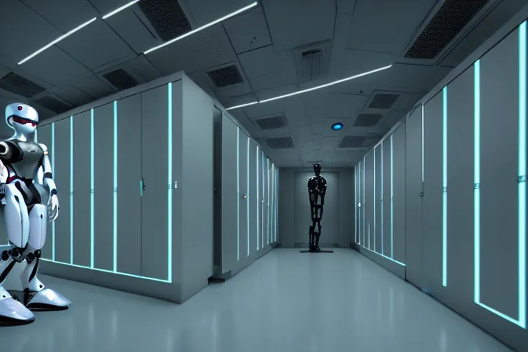 Image similar to humanoid robot in a server room, inception, blade runner, the fifth element, fisheye, volumetric octane render