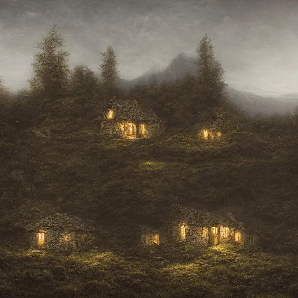 Image similar to A singular rotting cottage on a mountaintop at night, by Lee Madgwick, hyperrealistic, V-Ray 8k UHD