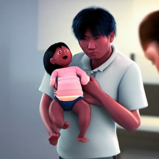 Image similar to a shocked asian man holds dark skinned baby at hospital, he can ’ t believe his eyes, award winning art, pixar, 3 d render, unreal engine