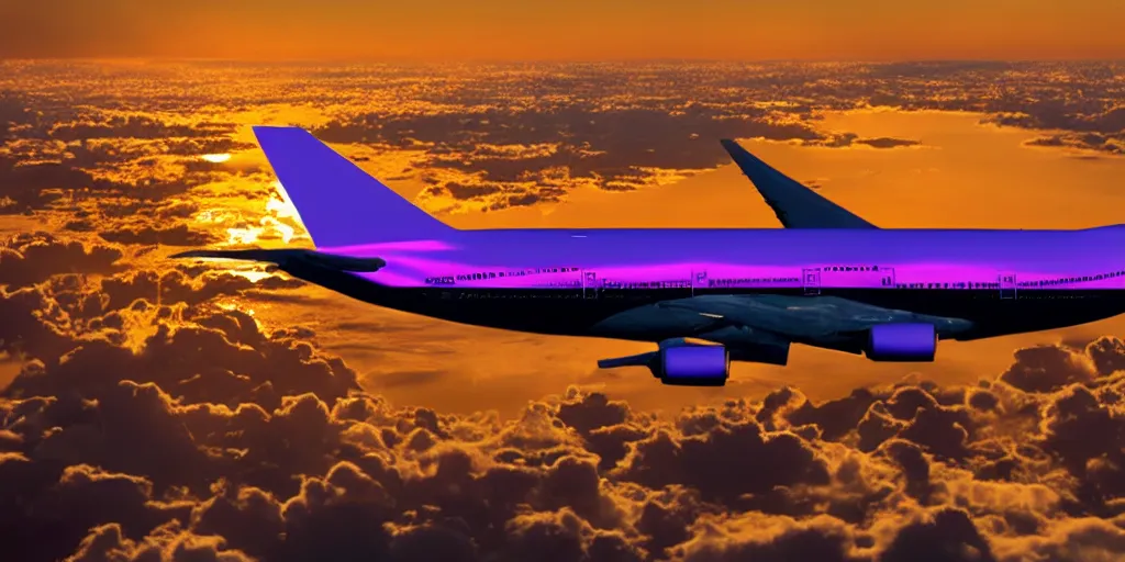 Prompt: boeing 7 4 7 flying over a city at sunset, vaporwave