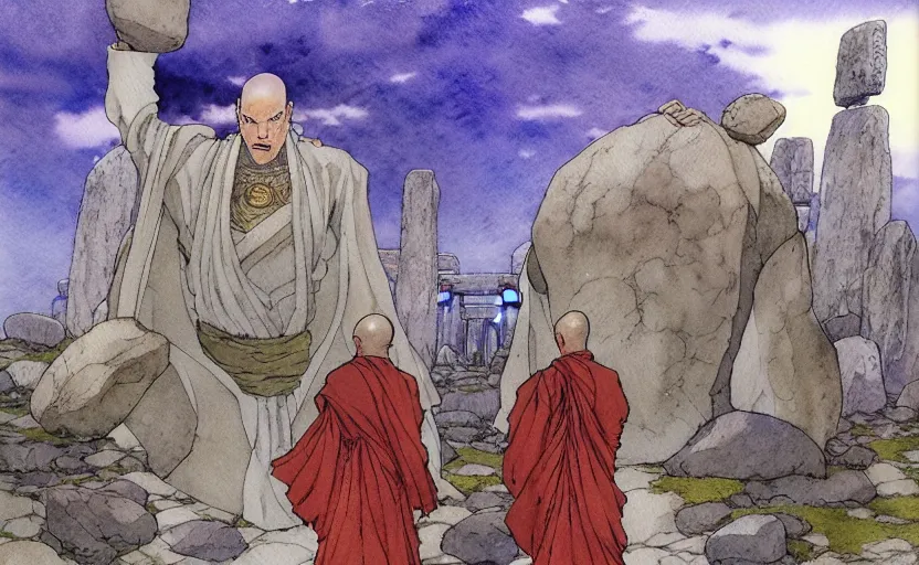 Prompt: a realistic anime watercolor fantasy concept art of a giant monk with a big forehead in grey robes swaying in stonehenge. several immense stones are floating in the air. by rebecca guay, michael kaluta, charles vess