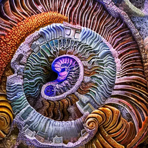 Image similar to a surgical ammonite fossil made of intricately detailed hand carved 3 d mandelbulb cybernetic motherboard made of brilliantly colored gradient volumetric smoke and fiber optic wire and pulse coral making a room, wide angle, good focus, by zdzisław beksinski, trending on artstation, artstation, pinterest, wallpaper 4 k, f 2 4