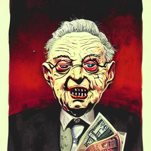 Image similar to George Soros full body shot, dollar bills Body horror, biopunk, by Ralph Steadman, Francis Bacon, Hunter S Thompson