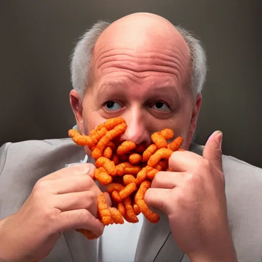 Image similar to Jim Cramer, red faced, eating a hot Cheeto