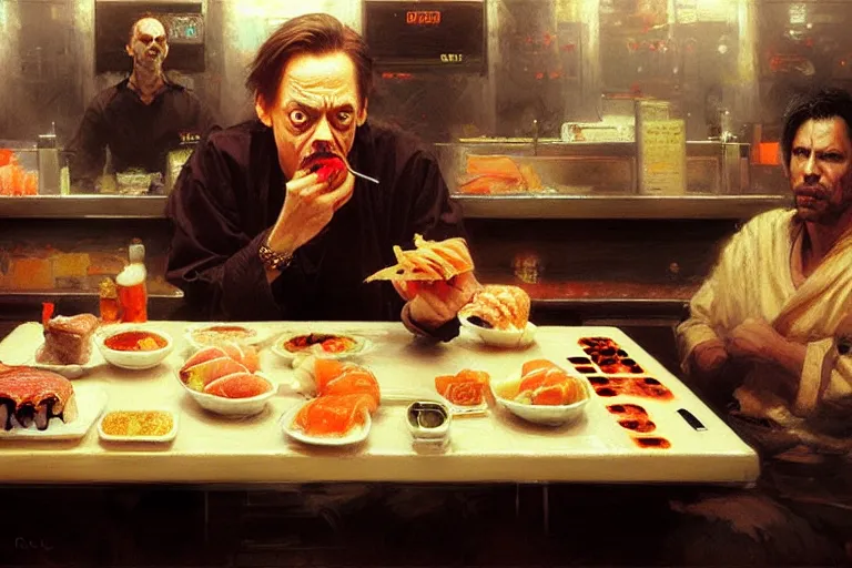 Prompt: steve buscemi eating sushi in a gas station, portrait dnd, painting by gaston bussiere, craig mullins, greg rutkowski, yoji shinkawa