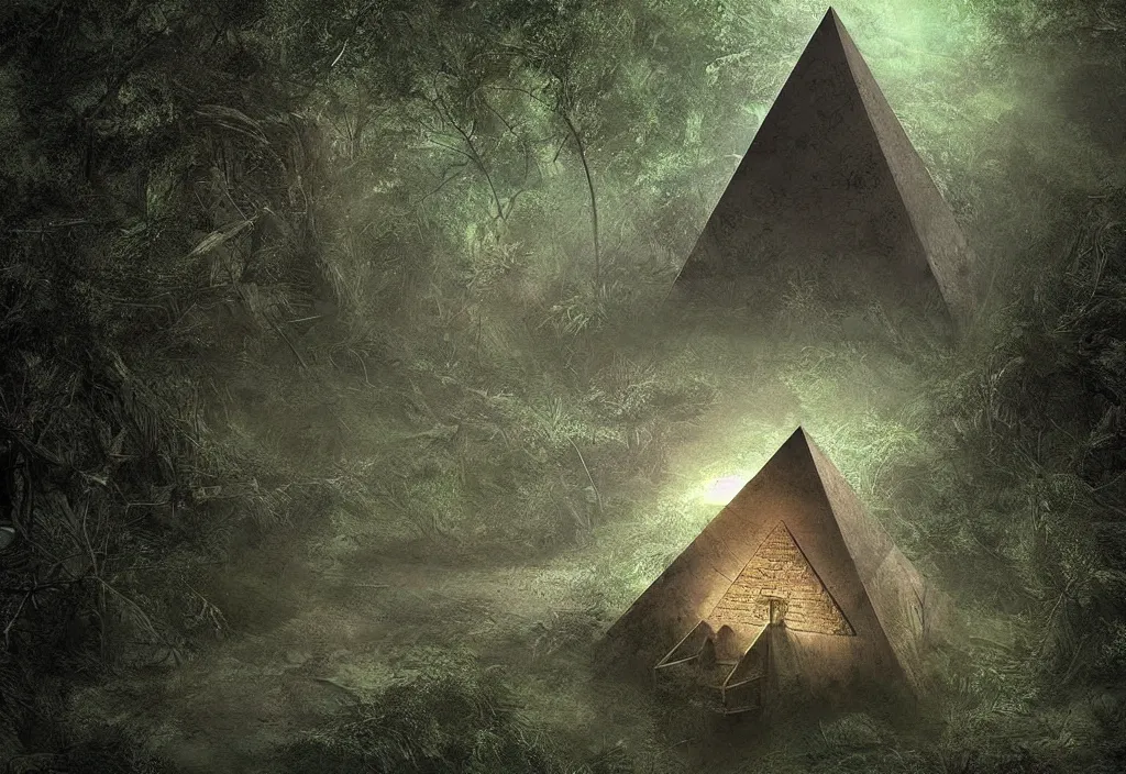 Prompt: a abandoned eerie pyramid in the jungle, dark, firefly, digital art,