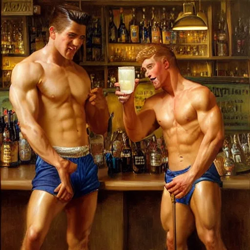 Image similar to attractive muscular male with brunet hair and attractive muscular male with blond hair. pants and shorts, drinking their hearts out, in a pub. highly detailed and very defined painting by j. c. leyendecker, gaston bussiere, craig mullins 8 k