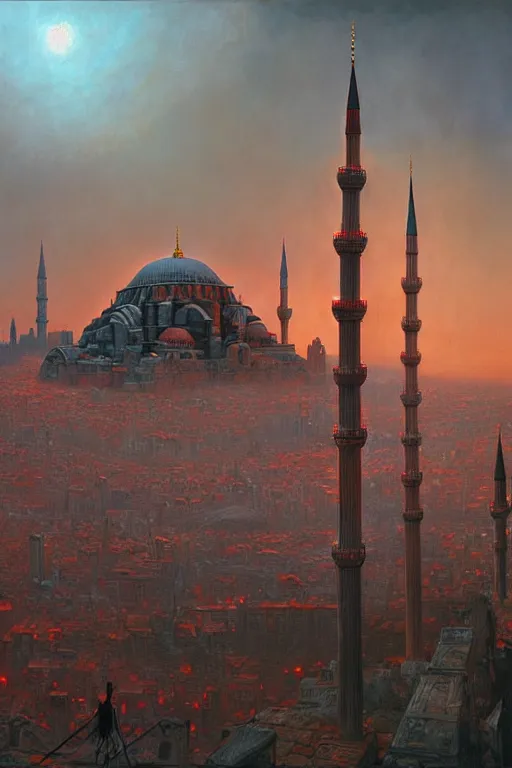 Image similar to skyline of istanbul, cementary scenery, fantasy 3 d render, masterpiece, red aura, by donato giancola and greg rutkowski and wayne barlow and zdzisław beksinski