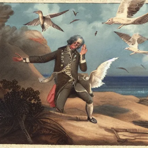 Prompt: a photochrom of George Washington surviving on seagulls while stranded on a desert island