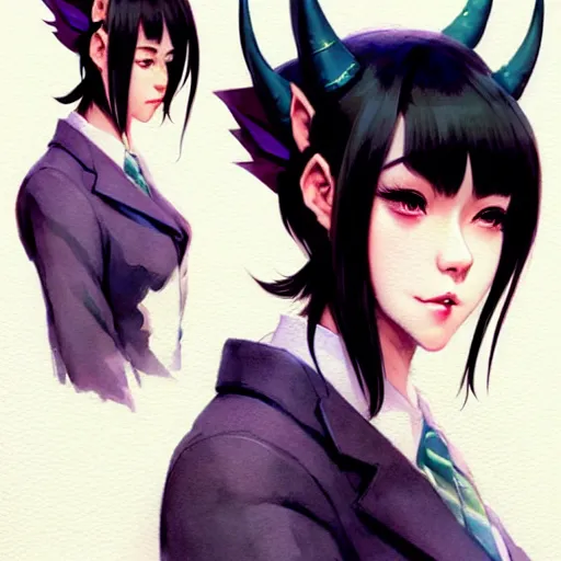 Image similar to character design portrait of a beatiful anthropomorphic furry dragon girl with dragon ears, wearing a suits, looking at the camera, 4 k, concept art, by wlop, wenjun lin, watercolor, ilya kuvshinov, artgerm, krenz cushart, pixiv.