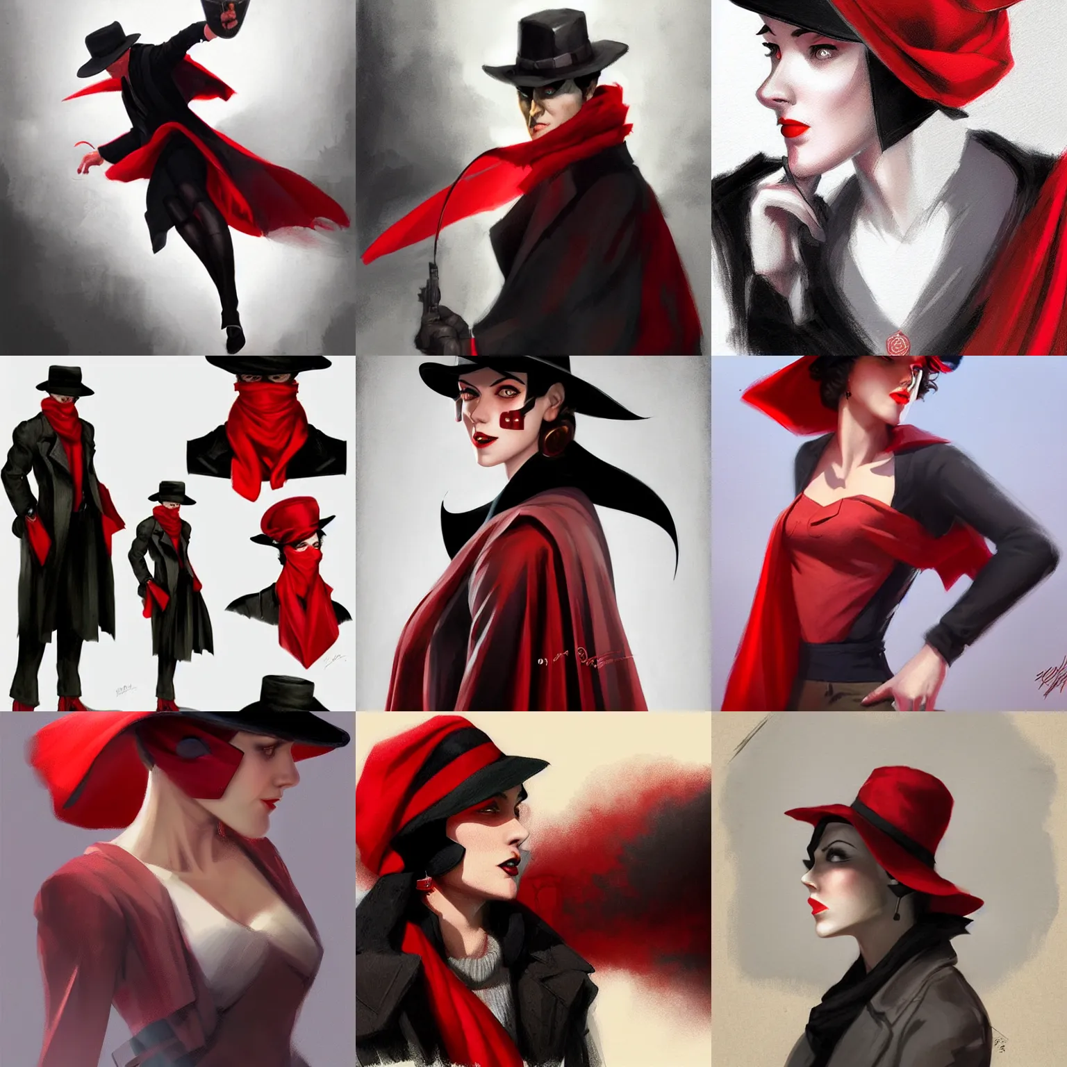 Prompt: 1930s pulp hero the shadow, red scarf, black hat, highly detailed, digital painting, concept art, sharp focus, illustration, art by artgerm and greg rutkowski