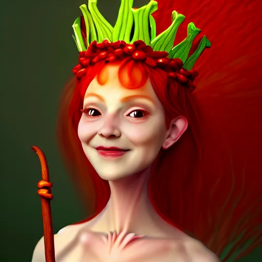 Image similar to cell shaded humanoid onion goddess, flower vine dress, crown, artstation, 4 k gorgeous, smiling, red hair regal, garlic scepter