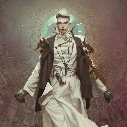 Image similar to white trench coat, technology, fantasy, clothing design, art by joseph leyendecker, peter mohrbacher, ruan jia, marc simonetti, ayami kojima, cedric peyravernay, alphonse mucha, victo ngai