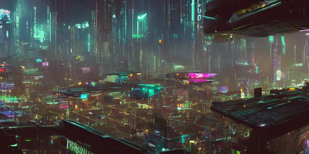 Image similar to a cinematic composition depicting : a computer run cyberpunk and solarpunk world, viewed from the cyberpunk mountain overlooking solarpunk valley