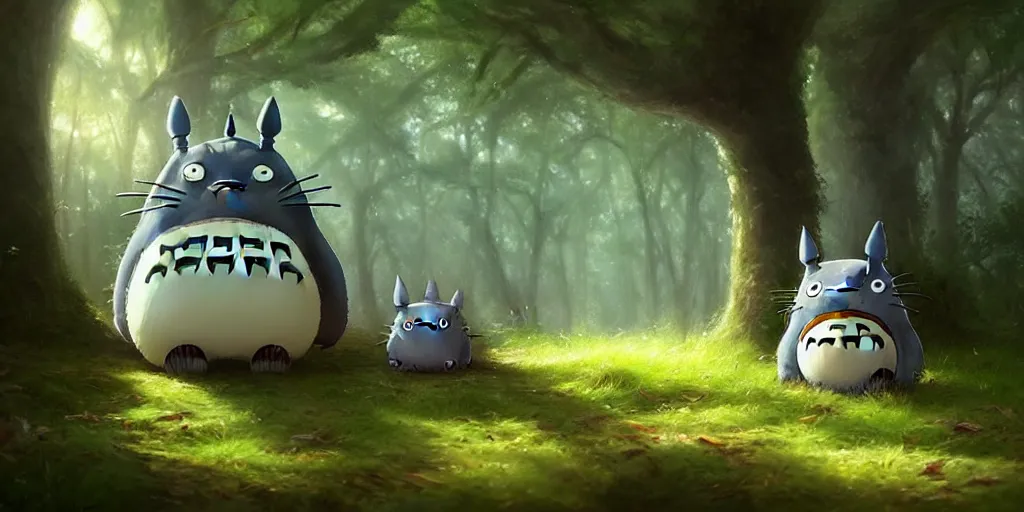 Image similar to Totoro sitting in a forest, fantasy, pixar,, high detail, god rays, painting by greg rutkowski, deviantart, trending on artstation, artstationHD, artstationHQ