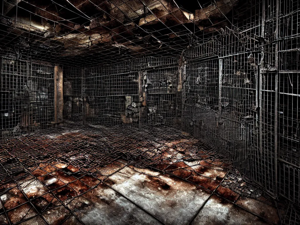 Prompt: An underground very gloomy multi-layered structure of rusty thick iron grids, dense chain-link fencing and peeling walls with multiple floors. Inside view, collapsed floors, bent rusted iron, masterpiece, black background, layers, corners, cinematic, hyperdetailed, photorealistic, hyperrealism, octane rendering, 8k, depth of field, bokeh, architecture, shadows, art by Zdzisław Beksiński, Arthur Rackham, Dariusz Zawadzki