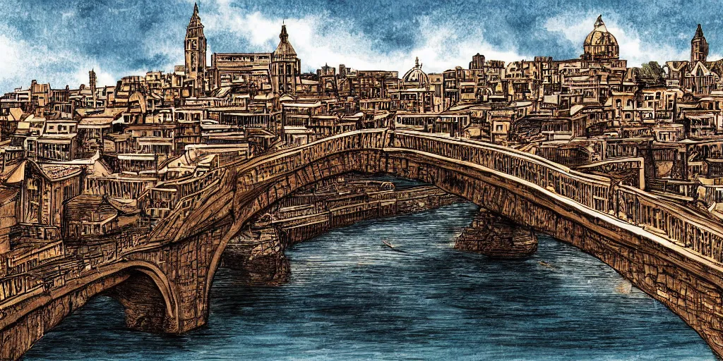 Prompt: Illustration, single long narrow huge ancient city on a narrow sky high bridge, over water, really long, all buildings on bridge, tall arched bridge