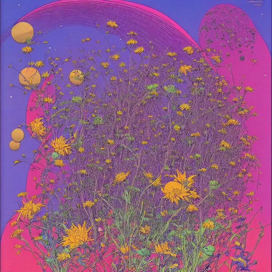 Image similar to ( ( ( ( beautiful flowers in a strange planet ) ) ) ) by mœbius!!!!!!!!!!!!!!!!!!!!!!!!!!!, overdetailed art, colorful, artistic record jacket design