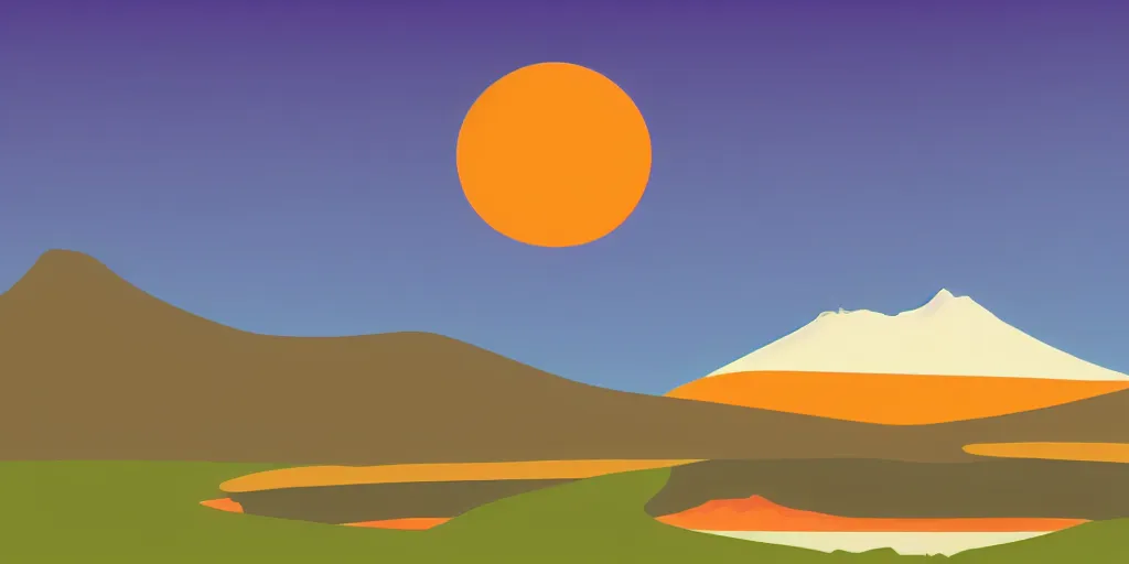 Prompt: illustration of a big and beautiful mountain with a clear pond in front of it and an orange sun behind the mountain, vector art