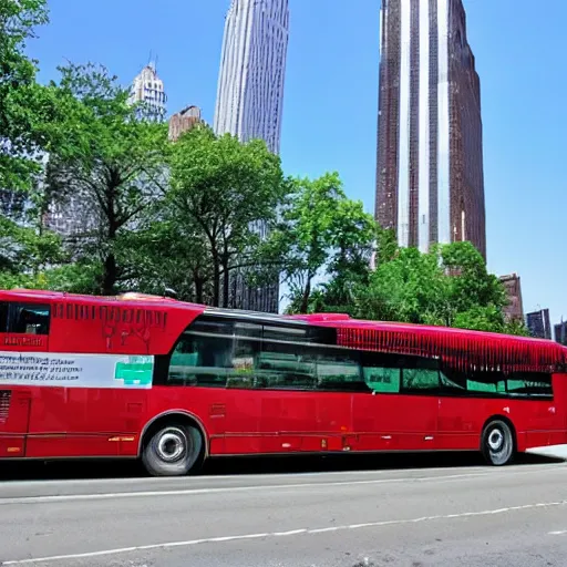 Prompt: photo of a giant bus, near new york bay