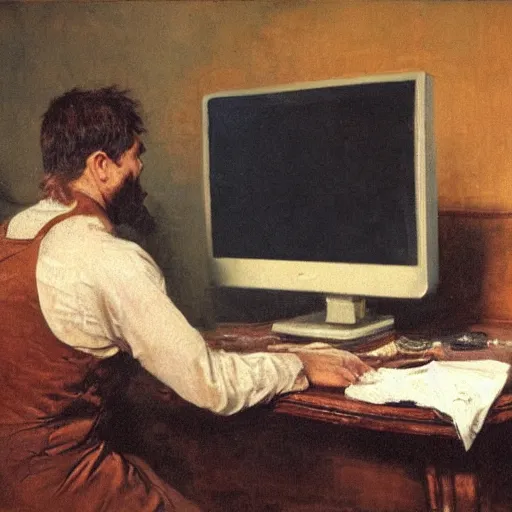 Image similar to an angry man yells at his computer monitor, oil on canvas, 1 8 8 3, highly detailed