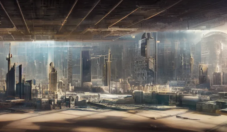 Image similar to group of people in simple warehouse, looking at hologram of futuristic city on a table, cinematic concept art, godrays, golden hour, natural sunlight, 4 k, clear details, tabletop model buildings, center model buildings, hologram center, crane shot, crane shot, crane shot