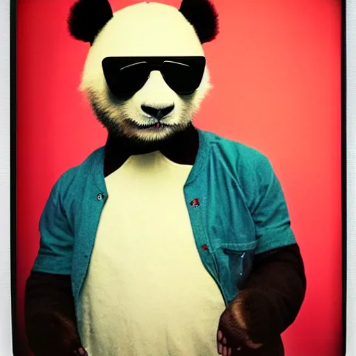 Image similar to grainy head to shoulder portrait polaroid film photograph of a panda in a mall wearing aviator shades. plain teal background with polkadots. super resolution. surreal. extremely detailed. polaroid 6 0 0 film. by annie leibovitz and richard avedon