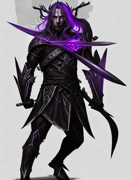 Prompt: Half-body of a muscular elven knight in black and purple armour with black. Swords are levitating beside him. In style of Hyung-tae Kim and Greg Rutkowski, concept art, trending on ArtStation, Korean MMORPG, over-detailed art, 8K, epic, dynamic lightning, dramatic pose.