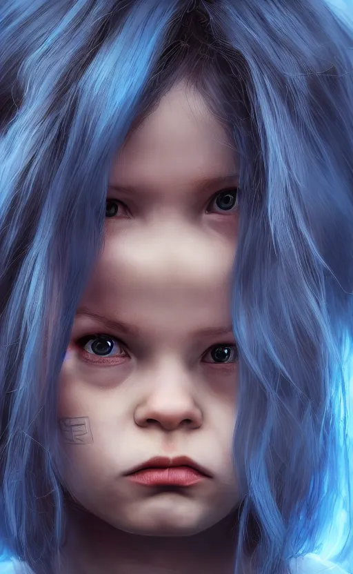 Prompt: little angry girl with blue hair, by Ilya Bondar, 4k, digital art, ultra realistic, ultra detailed, concept art, trending on artstation