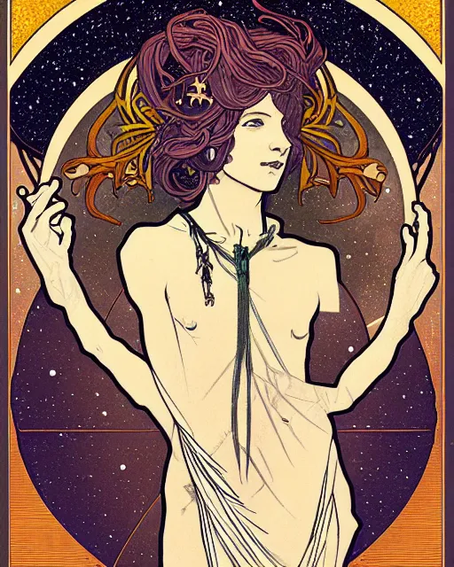 Image similar to a portrait of a galaxy as an androgynous druid speaking, occult, ornate, minimal, bust by alphonse mucha, decorative art nouveau border, astrophotography, vast cosmos, digital illustration, trending on artstation