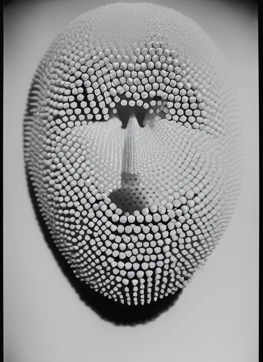 Image similar to realistic object photo portrait of face made of black and white ping pong balls, readymade, dadaism, fluxus, man ray, x - ray, electronic microscope 1 9 9 0, life magazine photo