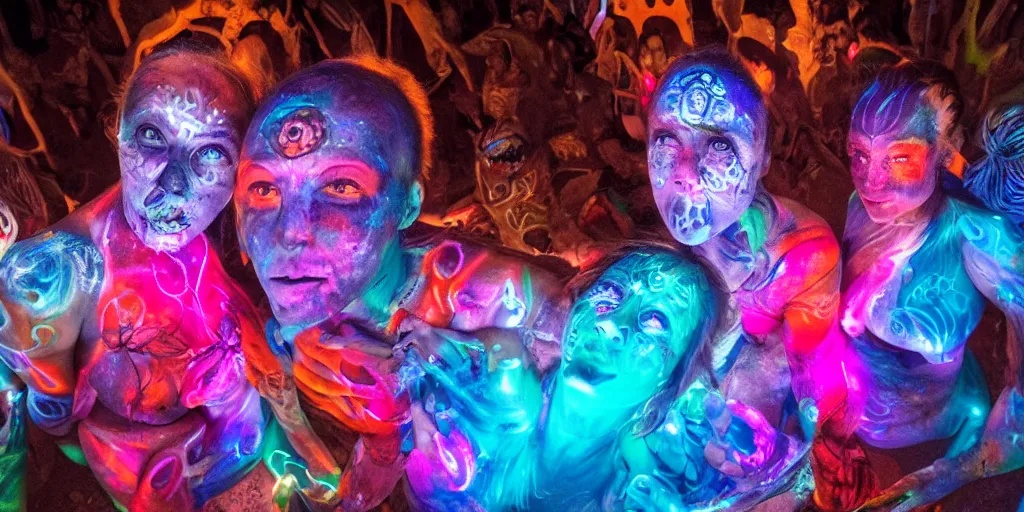 Prompt: people with glowing body paint, rebirth symbolism, wide angle, cinematic atmosphere, elaborate, UV, Blacklight, highly detailed, dramatic lighting