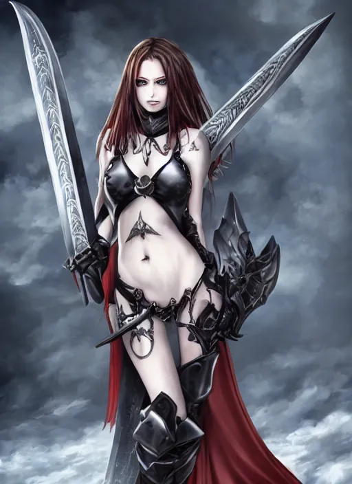 Image similar to full - body portrait, female vampire knight holding a large greatsword, lean and muscular, flying, roman gladiator sandals, heavy plate armor, historical armor, metal mask, enchanting, elegant, seductive smile, ghostblade, wlop, modern fantasy, realistic proportions.