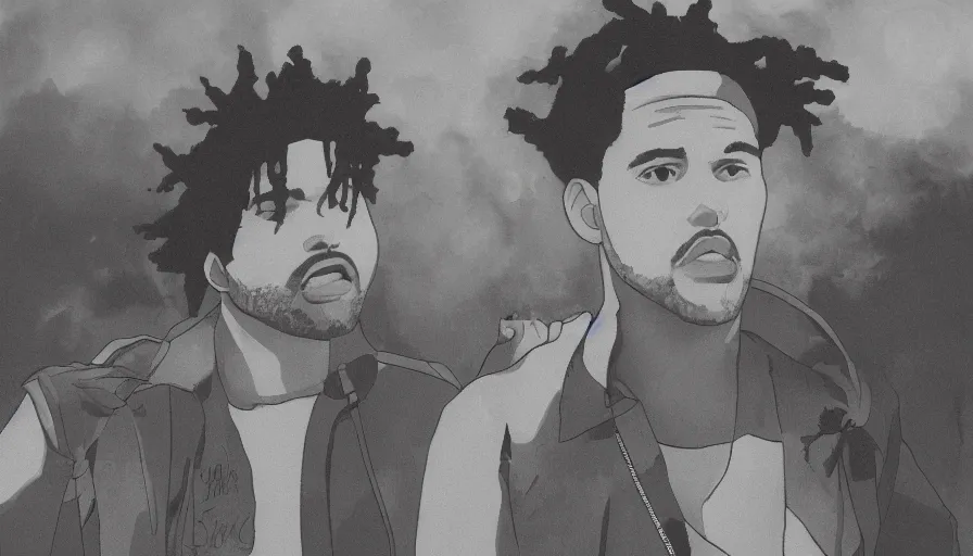 Prompt: the weeknd with drake by studio ghibli, digital art, sharp focus, 4 k, ambient lighting, foggy, neon