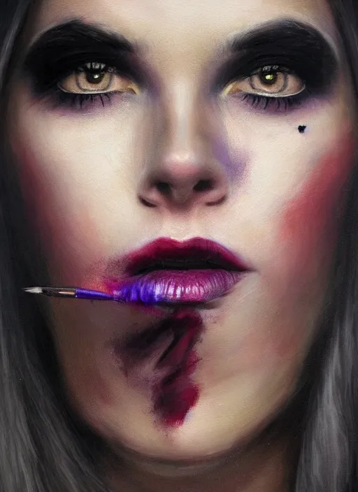 Image similar to hyper realistic, portrait, close - up, make up, dark witch, painting by tom bagshae, smooth, sharp focus