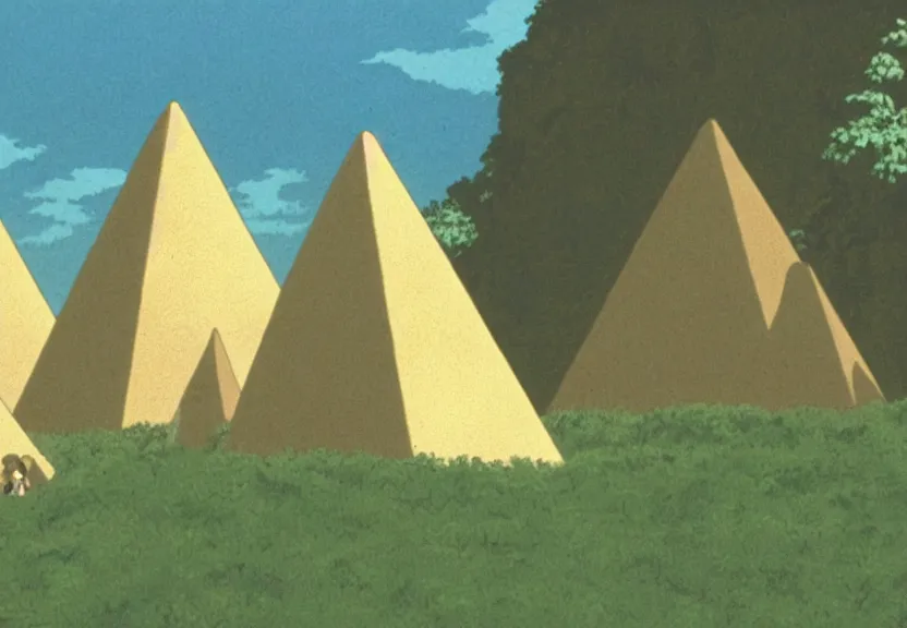 Prompt: a movie still from a studio ghibli film showing several large white pyramids and a golden ufo in the amazon jungle. very muted colors