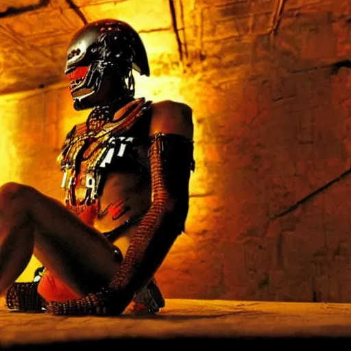 Image similar to movie still of aztec cyborg, cinematic composition, cinematic light, by alejandro jodorosky and gaspar noe