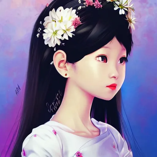 Prompt: little thai girl with flowers in hair wearing an white dress. art by ilya kuvshinov, profile picture, inspired in hirohiko araki, realistic, highly detailed, 8 0 s anime art style, vogue cover