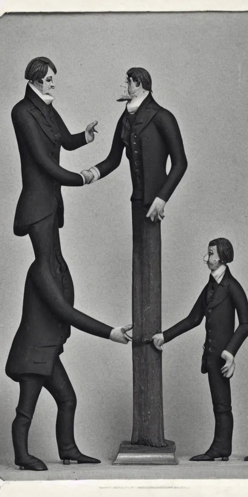 Image similar to tall t rex with long arms, shaking hands. Business men. anamorphic, strange, black and white, photograph, 1850s